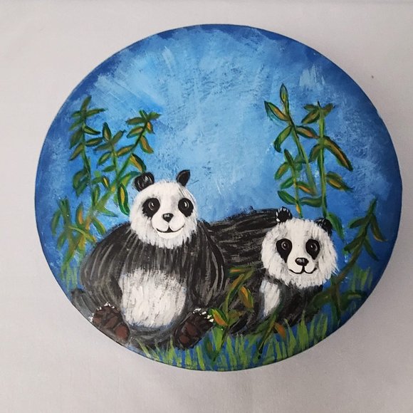 Vintage Hand Painted Panda Bear Round Cardboard Box - Picture 1 of 7